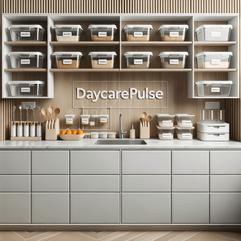 Daycare Kitchen Ideas Space Efficient And Age Appropriate   Daycare Kitchen With Streamlined Cabinets And Neatly Arranged Drawers And Labeled Containers 768x768 